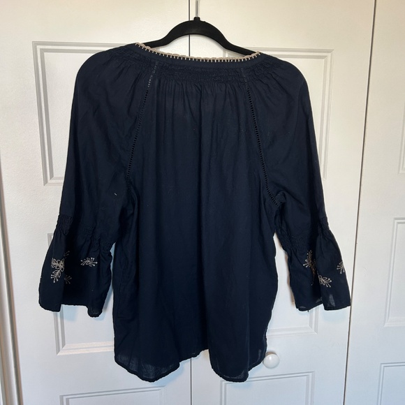 J. Jill Navy Blue Peasant Embroidered Bell Sleeve top - petite large - navy/tan - Picture 5 of 6